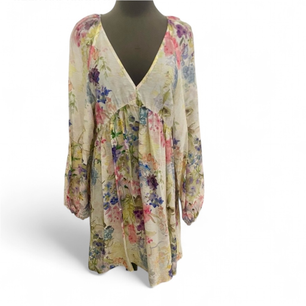 NWT H&M FLORAL V NECK BALLOON LONG SLEEVE LOOSE FIT A LINE MINI DRESS SIZE XS